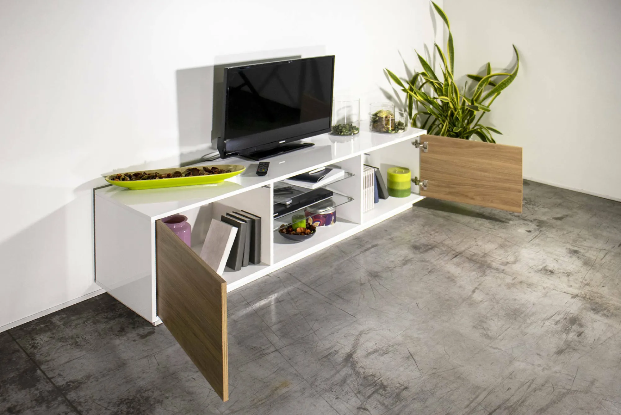 Mobile porta TV Dlongon, cm 180x41h46, Bianco lucido e Noce<Dmora Best