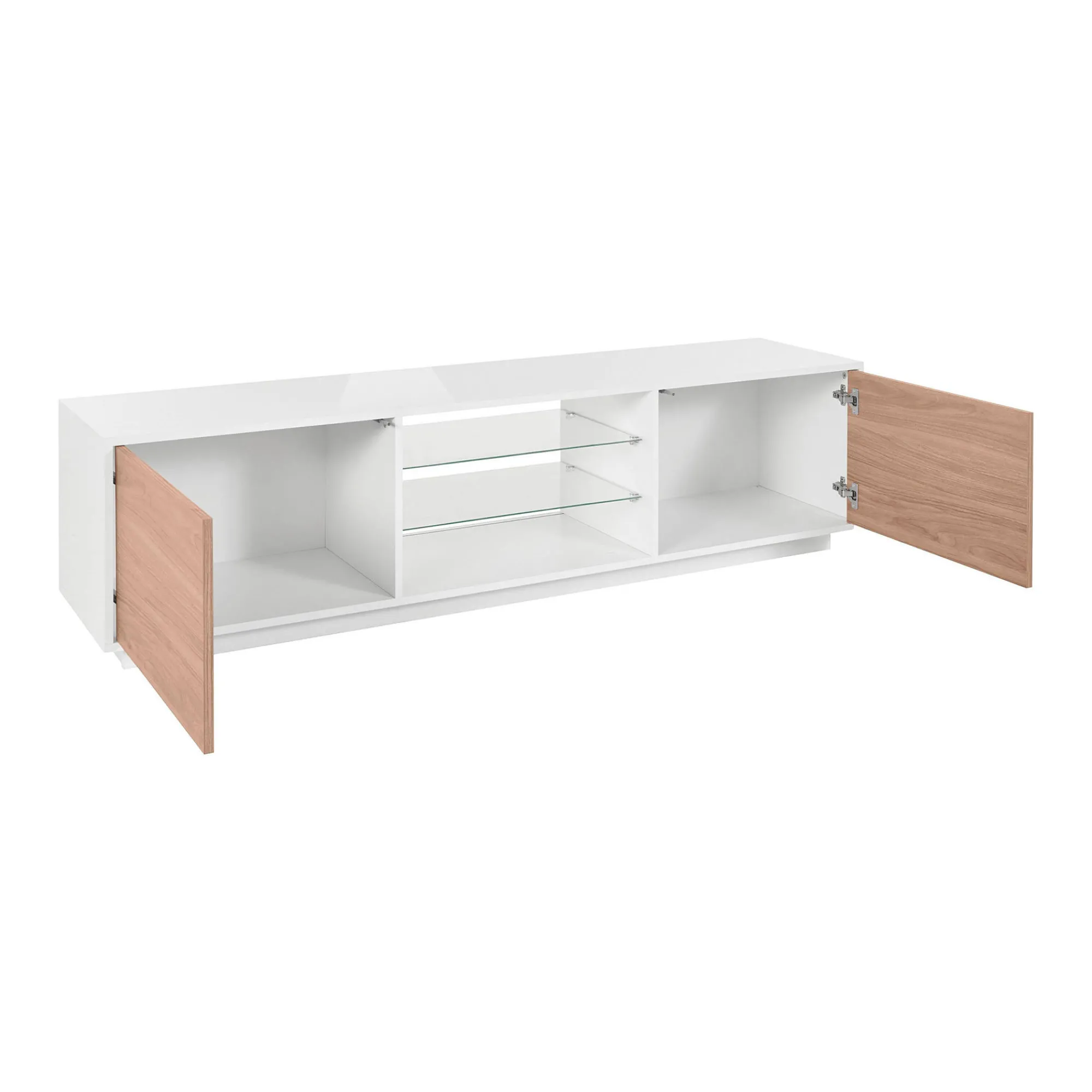 Mobile porta TV Dlongon, cm 180x41h46, Bianco lucido e Noce<Dmora Best