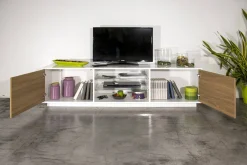 Mobile porta TV Dlongon, cm 180x41h46, Bianco lucido e Noce<Dmora Best