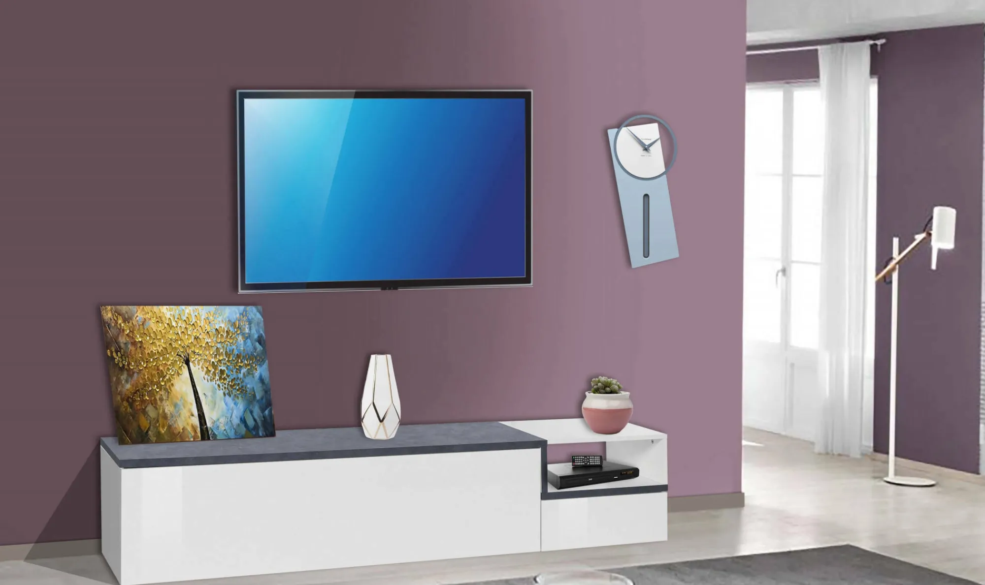 Mobile porta TV Dma, cm 200x40h49, Bianco lucido e Ardesia<Dmora Hot