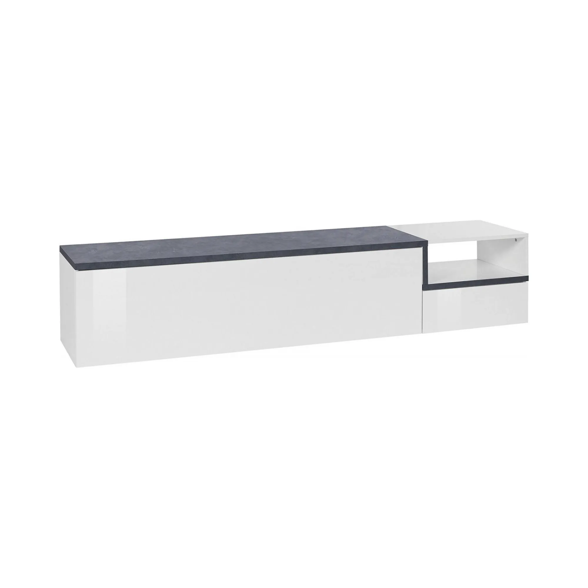Mobile porta TV Dma, cm 200x40h49, Bianco lucido e Ardesia<Dmora Hot