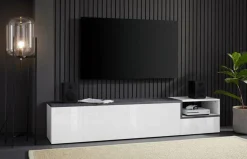 Mobile porta TV Dma, cm 200x40h49, Bianco lucido e Ardesia<Dmora Hot