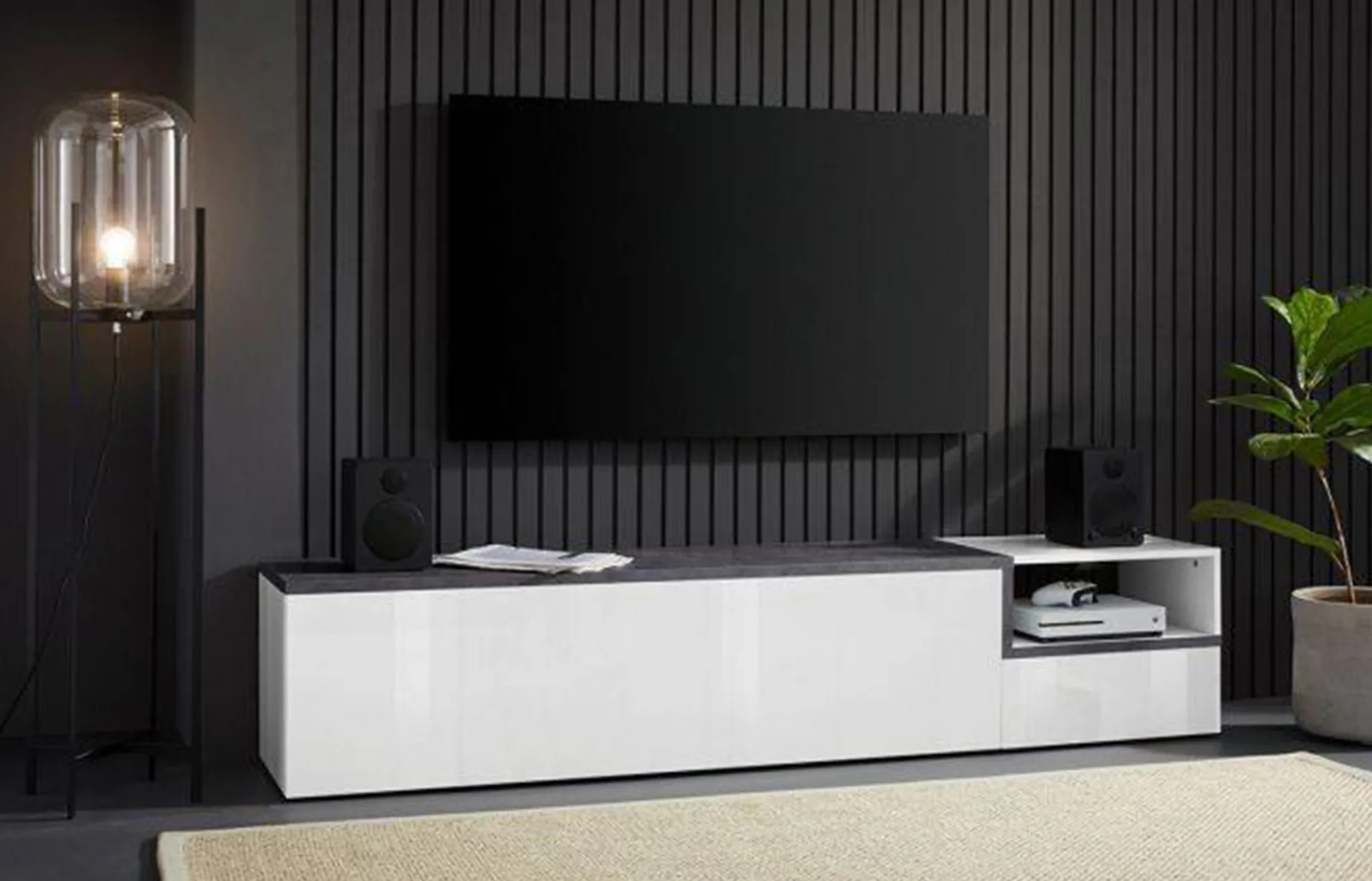Mobile porta TV Dma, cm 200x40h49, Bianco lucido e Ardesia<Dmora Hot