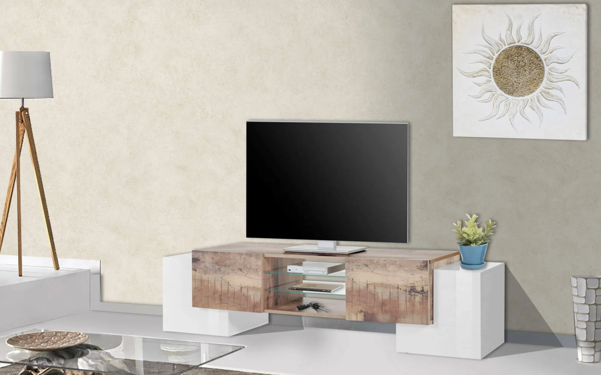 Mobile porta TV Dmartin, cm 190x45h45, Bianco lucido e Acero<Dmora Sale