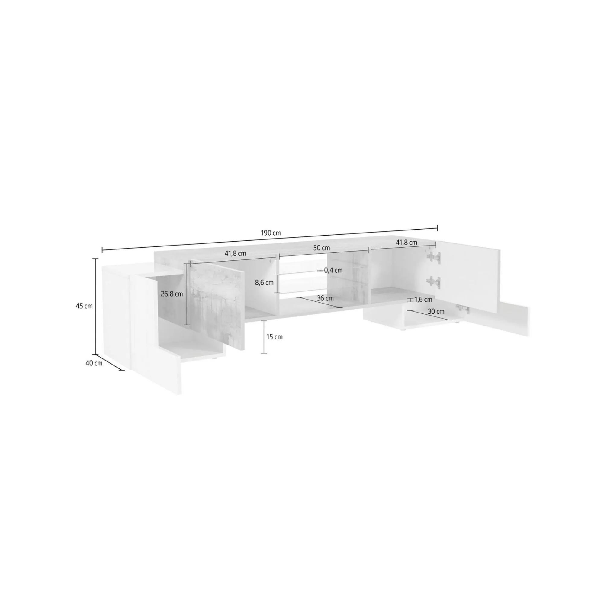 Mobile porta TV Dmartin, cm 190x45h45, Bianco lucido e Acero<Dmora Sale