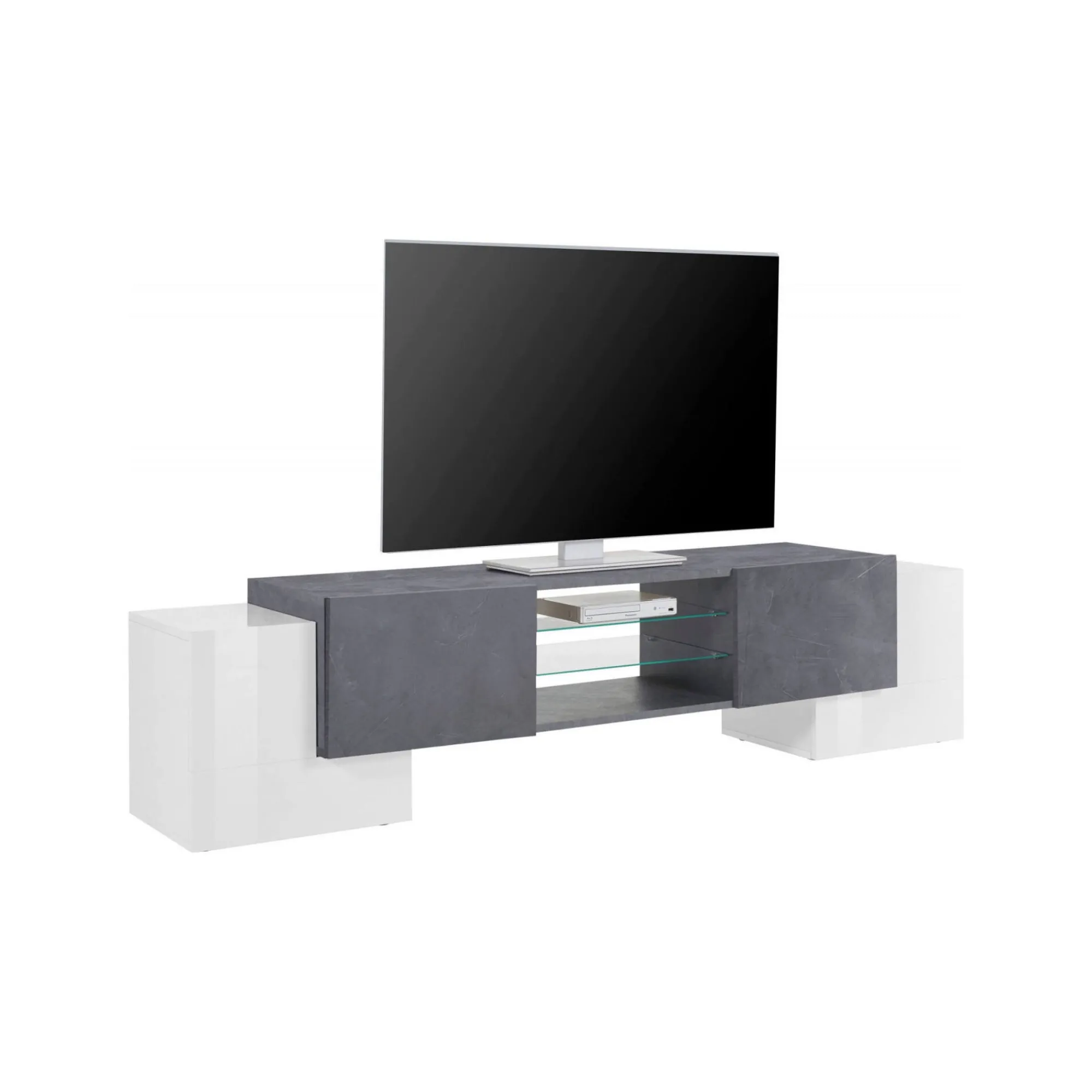 Mobile porta TV Dmartin, cm 190x45h45, Bianco lucido e Ardesia<Dmora Hot
