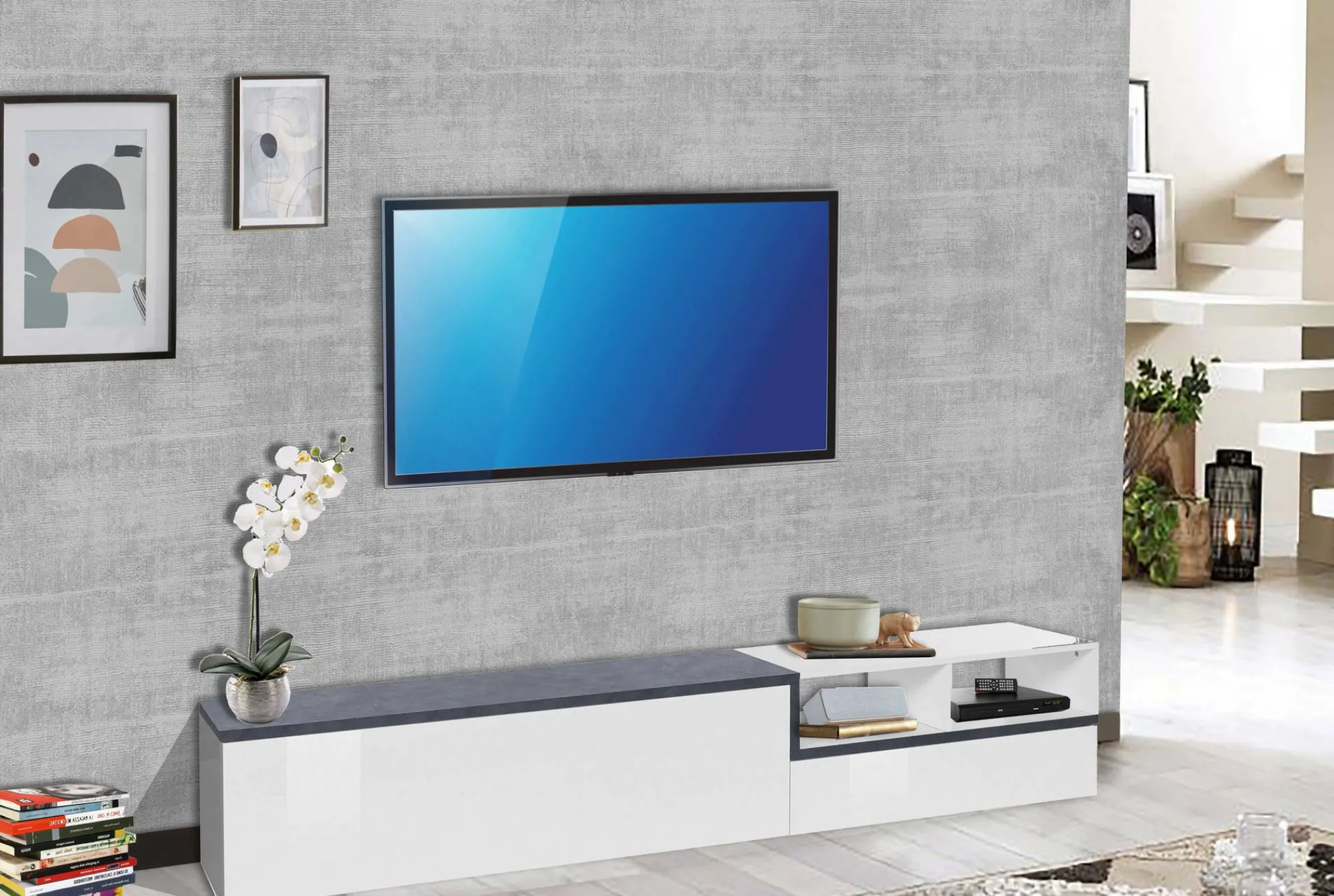 Mobile porta TV Dmate, cm 240x40h50, Bianco lucido e Ardesia<Dmora Outlet