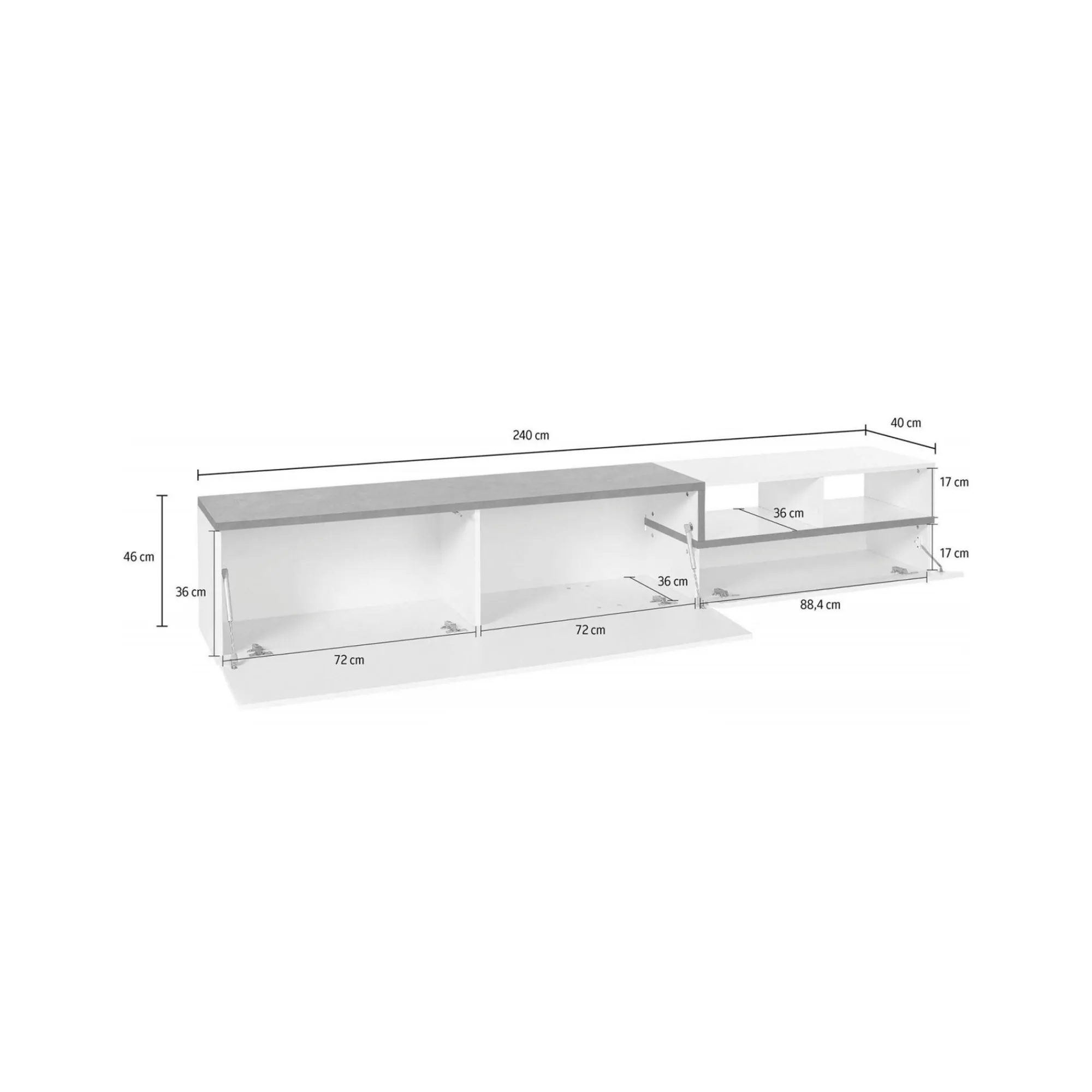 Mobile porta TV Dmate, cm 240x40h50, Bianco lucido e Ardesia<Dmora Outlet
