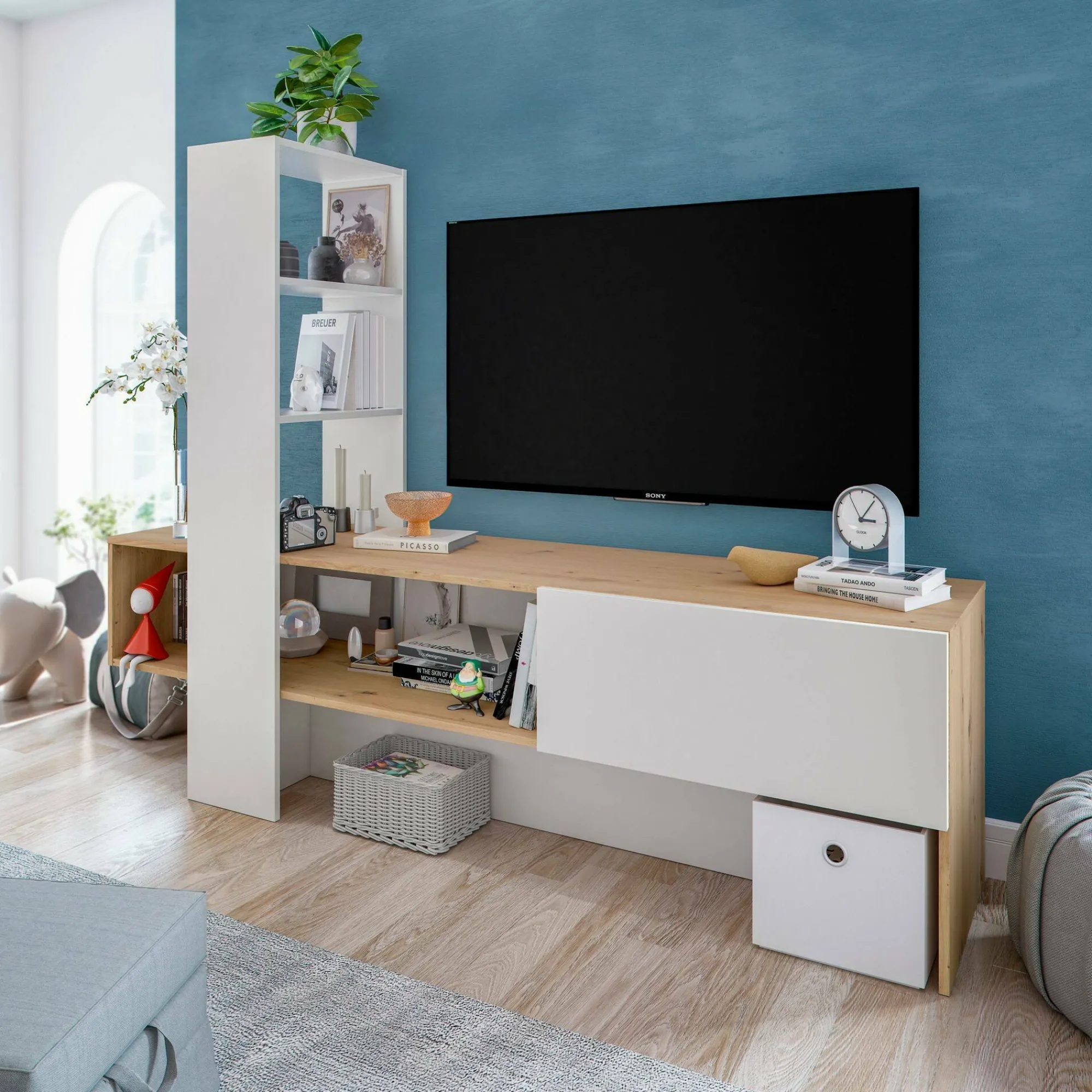 Mobile porta TV Dmurell, 178x43h136 cm, Rovere Nodi e Bianco lucido<Dmora Best Sale