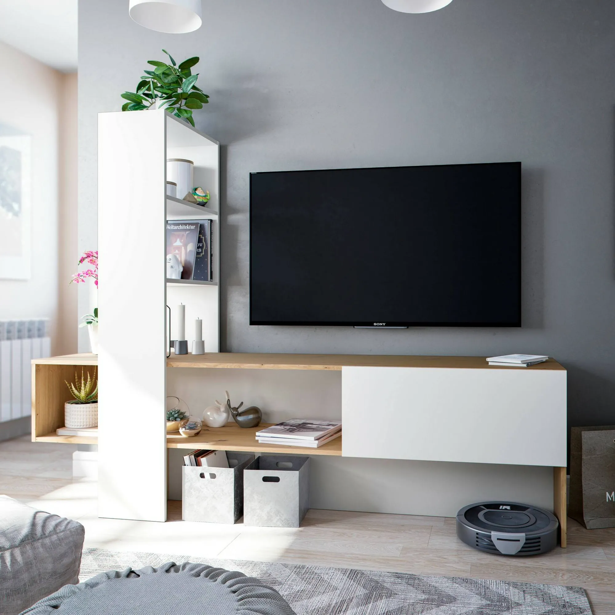 Mobile porta TV Dmurell, 178x43h136 cm, Rovere Nodi e Bianco lucido<Dmora Best Sale