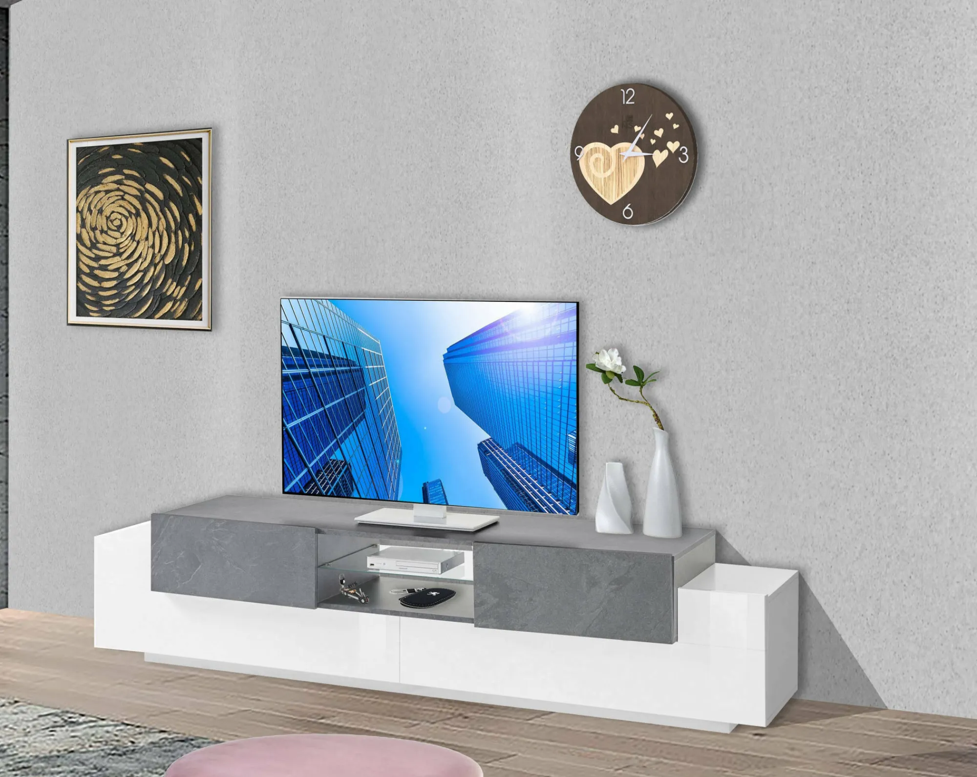 Mobile porta TV Dmusso, cm 220x45h51, Bianco lucido e Ardesia<Dmora Cheap