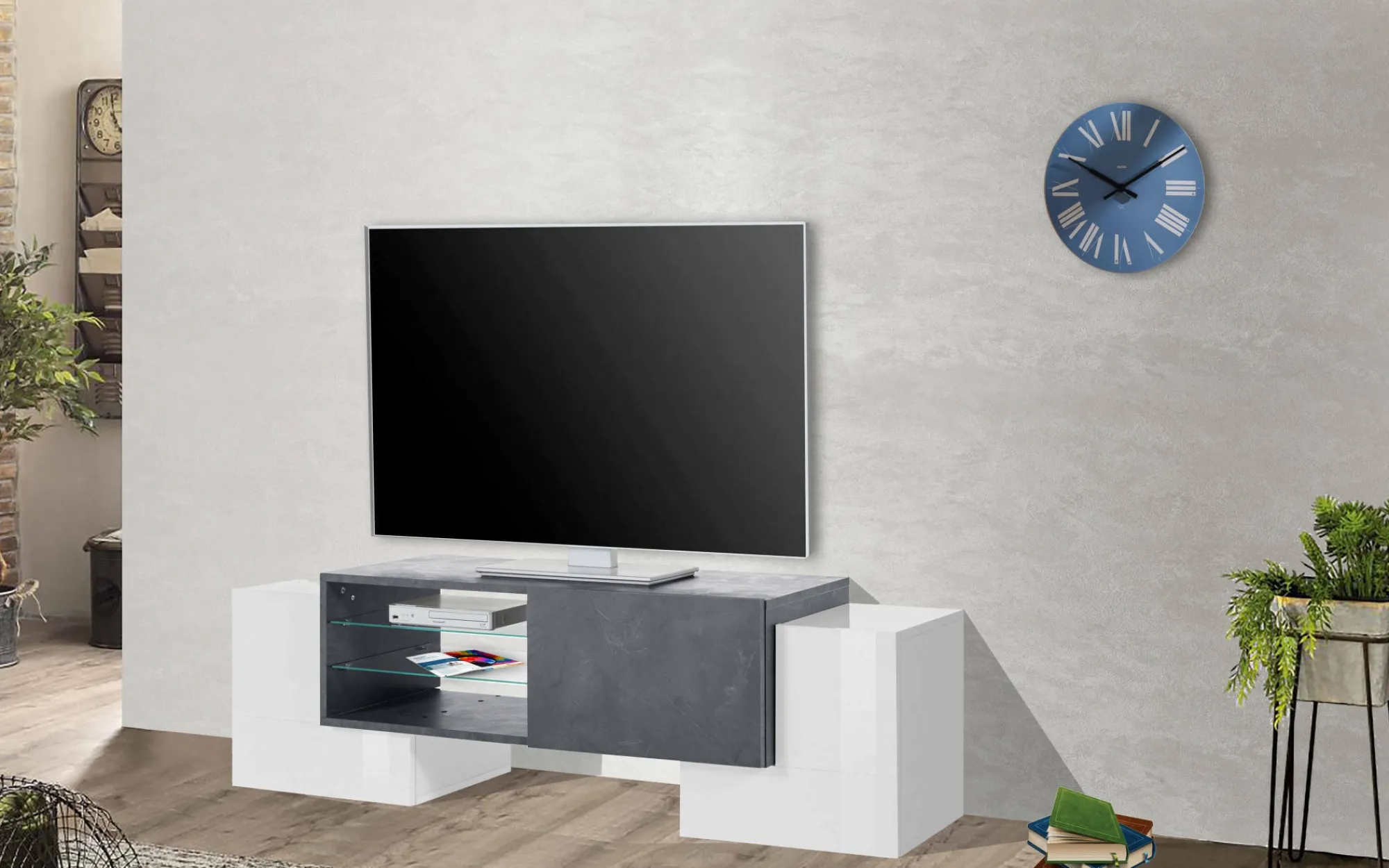 Mobile porta TV Dpalumb, cm 150x45h45, Bianco lucido e Ardesia<Dmora Discount