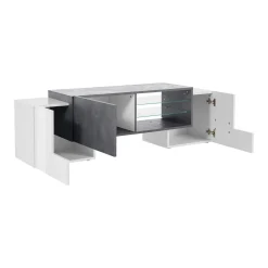 Mobile porta TV Dpalumb, cm 150x45h45, Bianco lucido e Ardesia<Dmora Discount