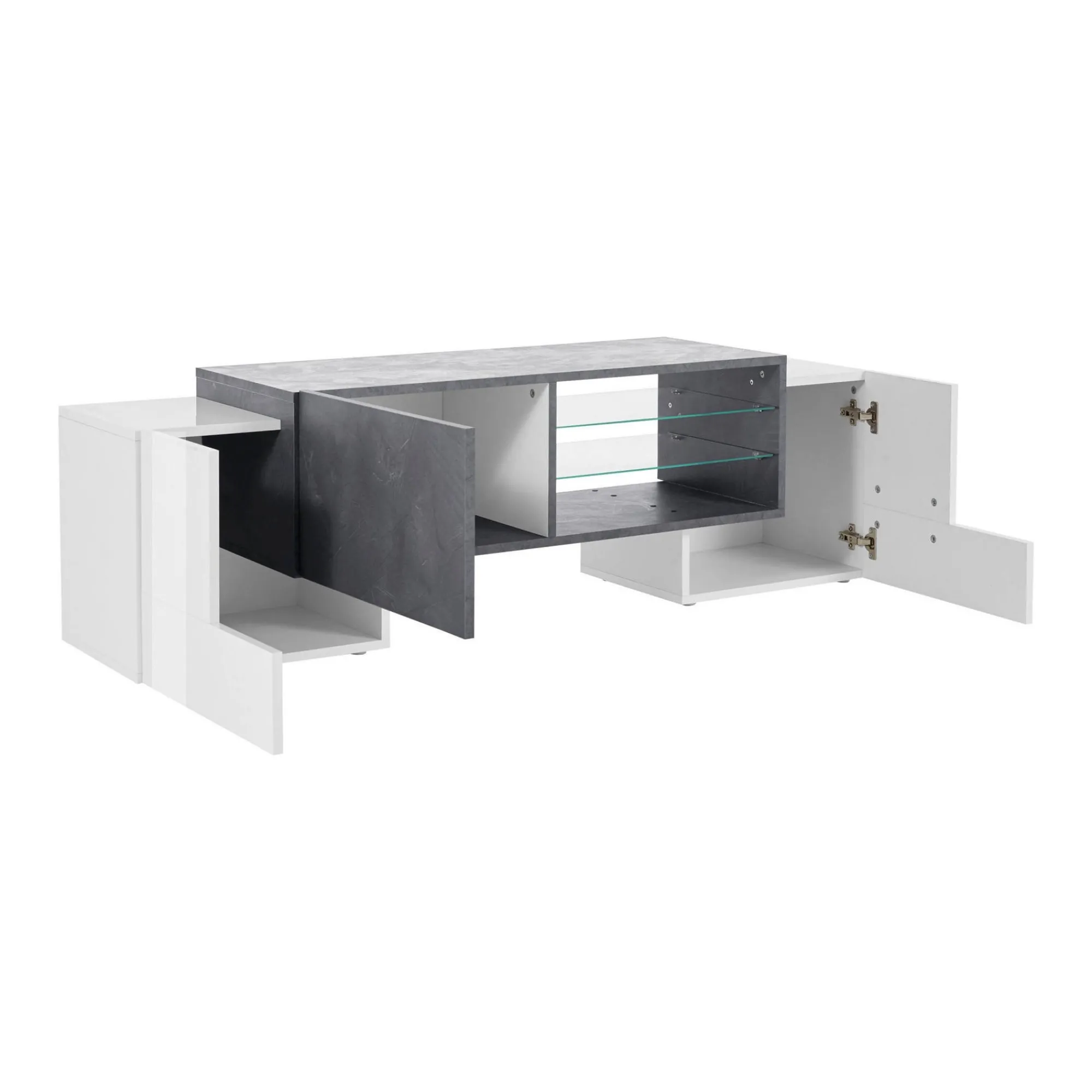 Mobile porta TV Dpalumb, cm 150x45h45, Bianco lucido e Ardesia<Dmora Discount
