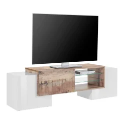 Mobile porta TV Dpalumb, cm 150x45h45, Bianco lucido e Acero<Dmora Sale