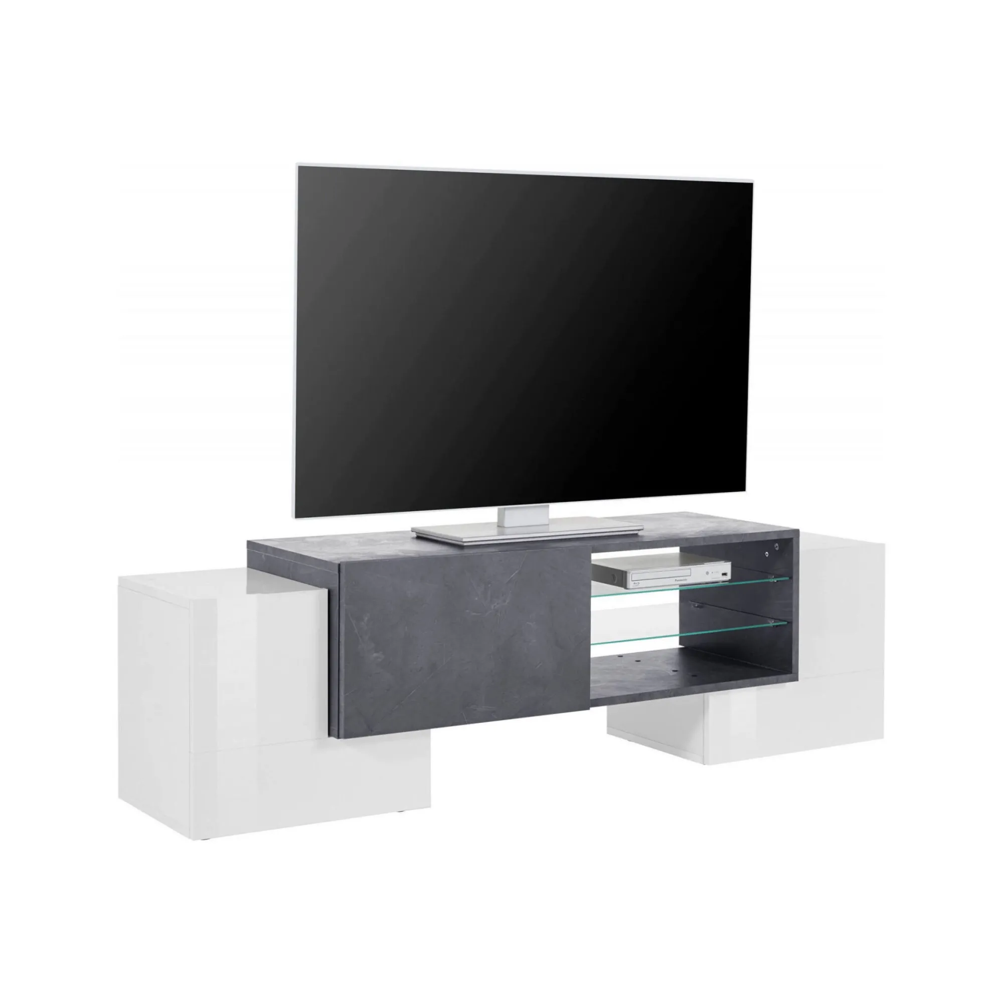 Mobile porta TV Dpalumb, cm 150x45h45, Bianco lucido e Ardesia<Dmora Discount
