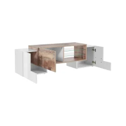 Mobile porta TV Dpalumb, cm 150x45h45, Bianco lucido e Acero<Dmora Sale