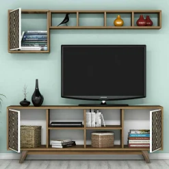 Mobile porta TV Drusilla, 160x35h56 cm, Noce e Bianco<Dmora Fashion