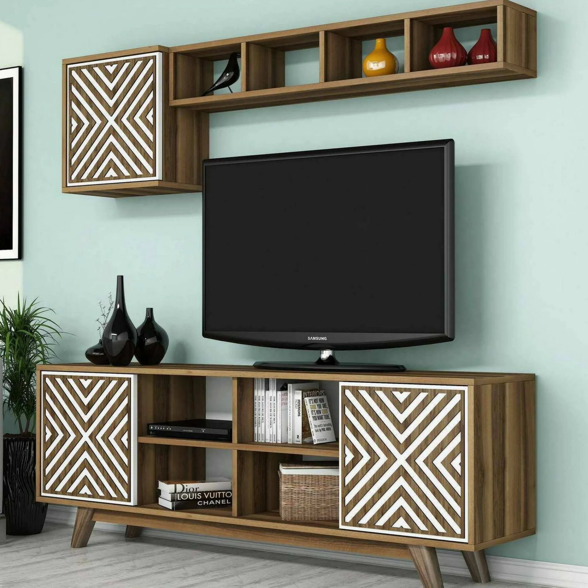 Mobile porta TV Drusilla, 160x35h56 cm, Noce e Bianco<Dmora Fashion