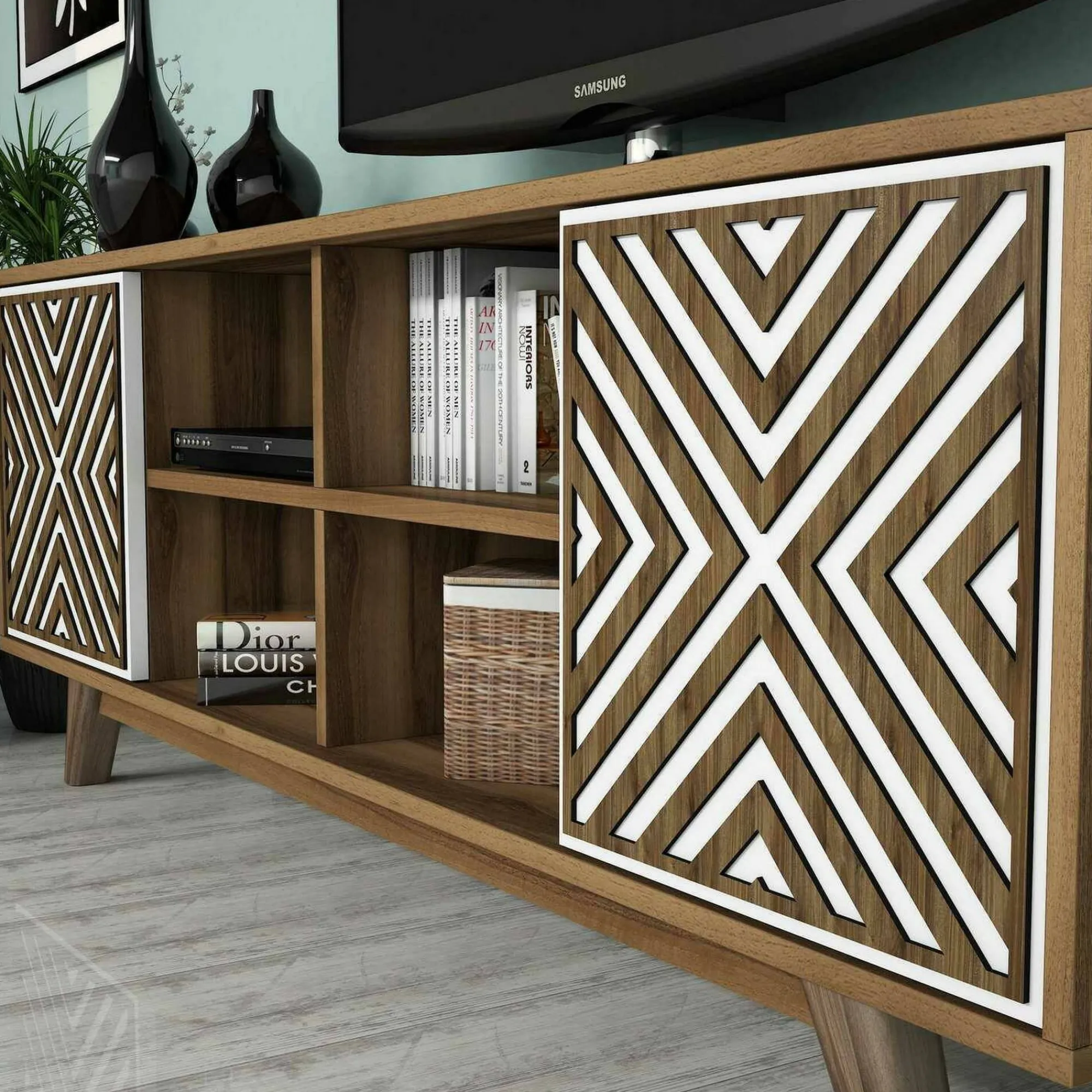 Mobile porta TV Drusilla, 160x35h56 cm, Noce e Bianco<Dmora Fashion