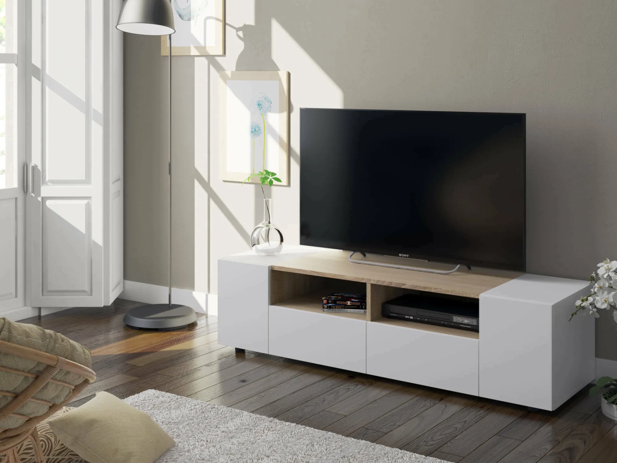 Mobile porta TV Ebe, 138x42h36 cm, Bianco e Rovere<Dmora Cheap