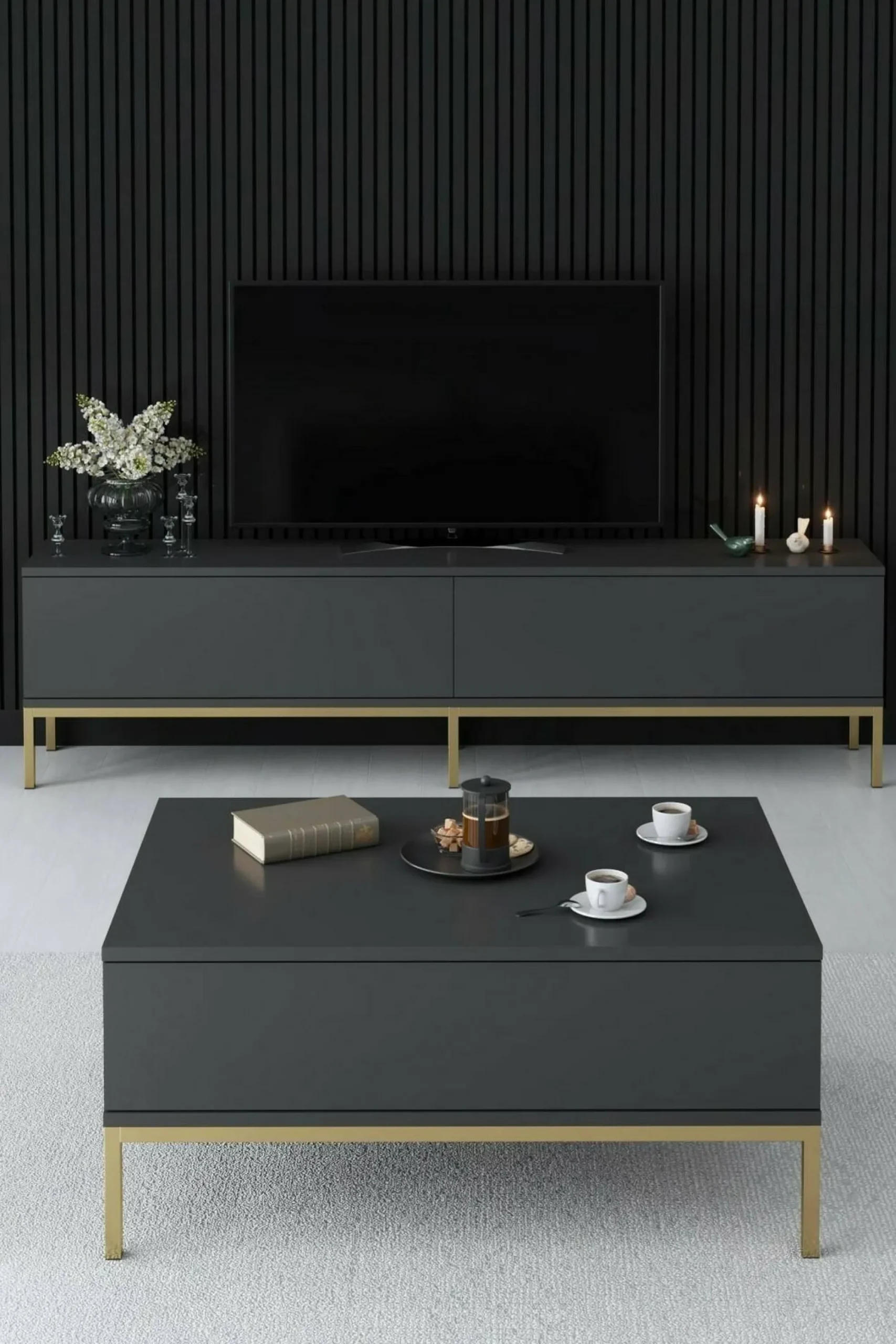 Mobile porta TV Espero, 180x30h47 cm, Antracite e Oro<Dmora Sale