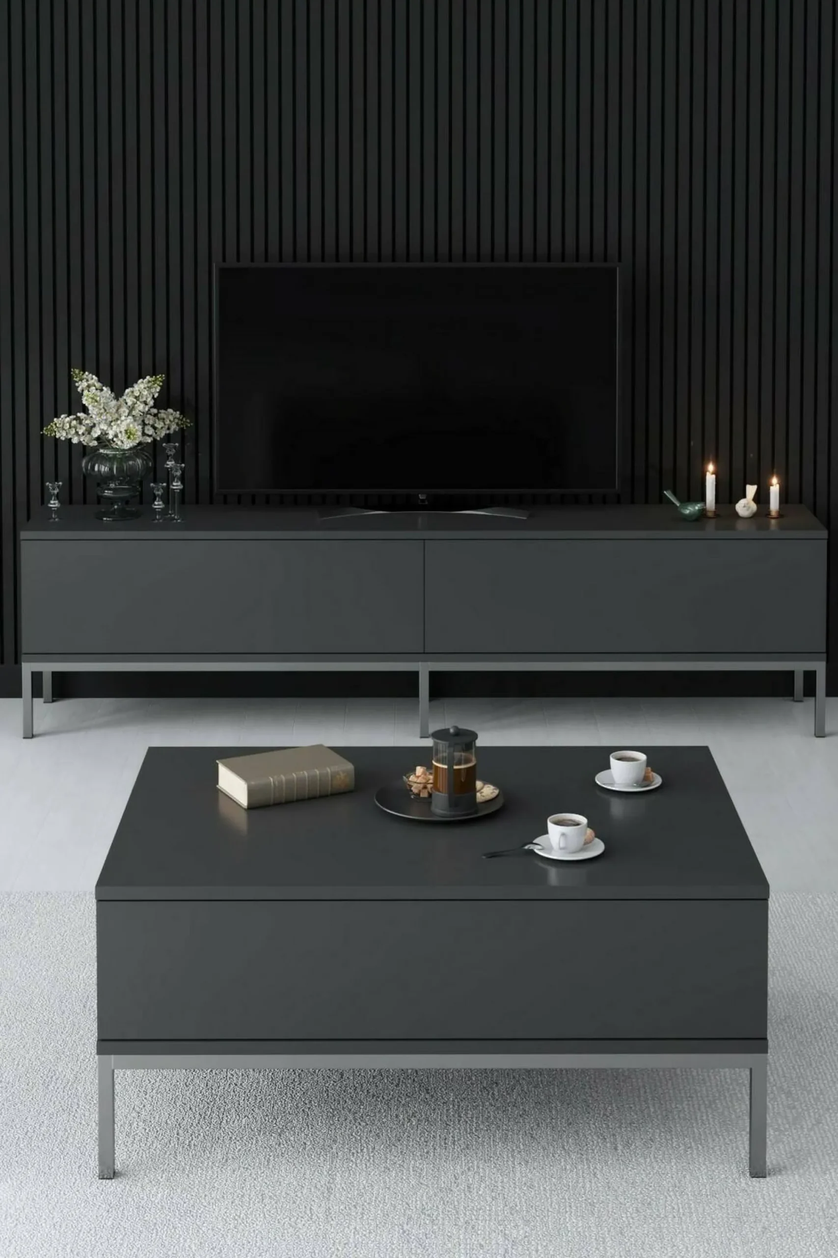 Mobile porta TV Espero, 180x30h47 cm, Antracite e Argento<Dmora Cheap