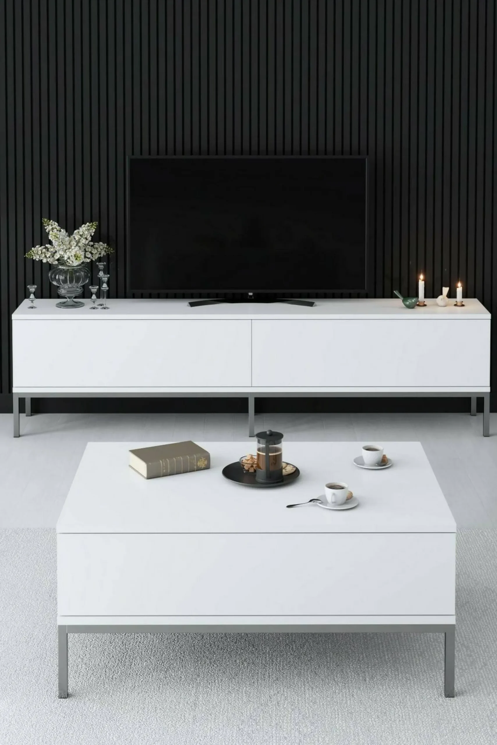Mobile porta TV Espero, 180x30h47 cm, Bianco e Argento<Dmora Outlet