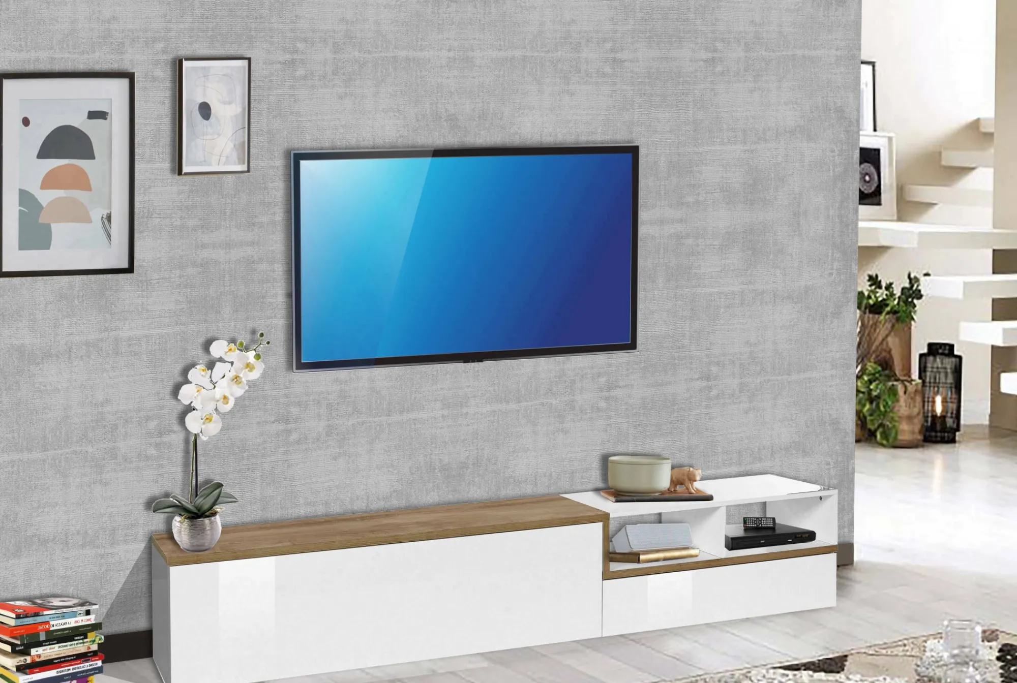 Mobile porta TV Fetta, cm 240x40h50, Bianco lucido e Acero<Dmora Outlet