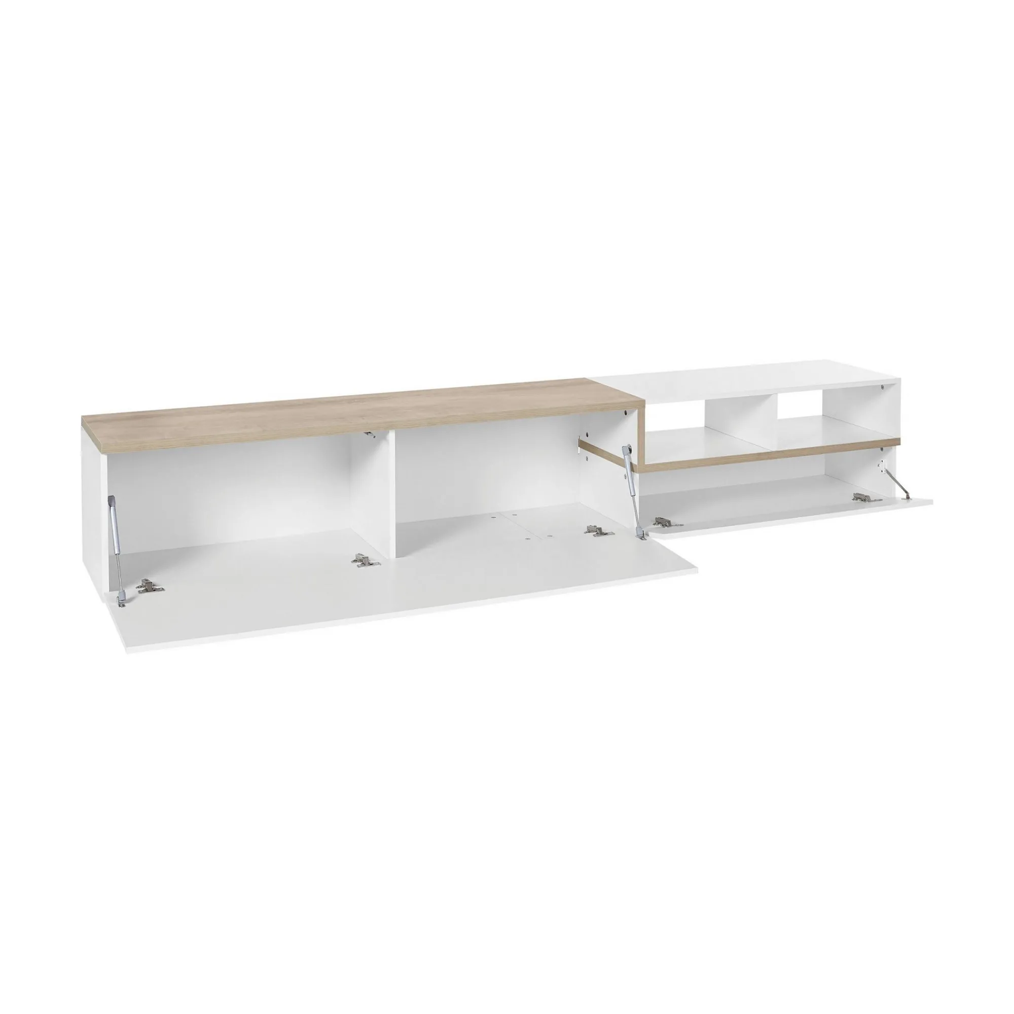 Mobile porta TV Fetta, cm 240x40h50, Bianco lucido e Acero<Dmora Outlet