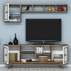 Mobile porta TV Guendalina, 160x35h56 cm, Noce e Bianco<Dmora Online