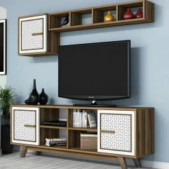 Mobile porta TV Guendalina, 160x35h56 cm, Noce e Bianco<Dmora Online