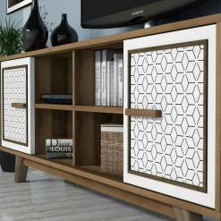 Mobile porta TV Guendalina, 160x35h56 cm, Noce e Bianco<Dmora Online