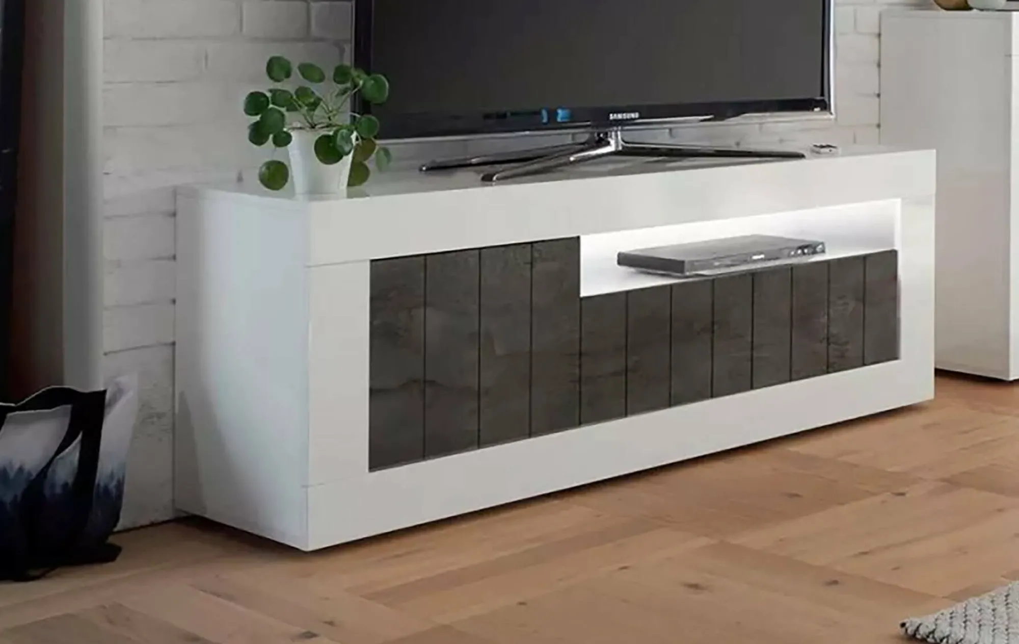 Mobile porta TV Iole, 138x42 h56 cm, Bianco lucido e Ardesia<Dmora New