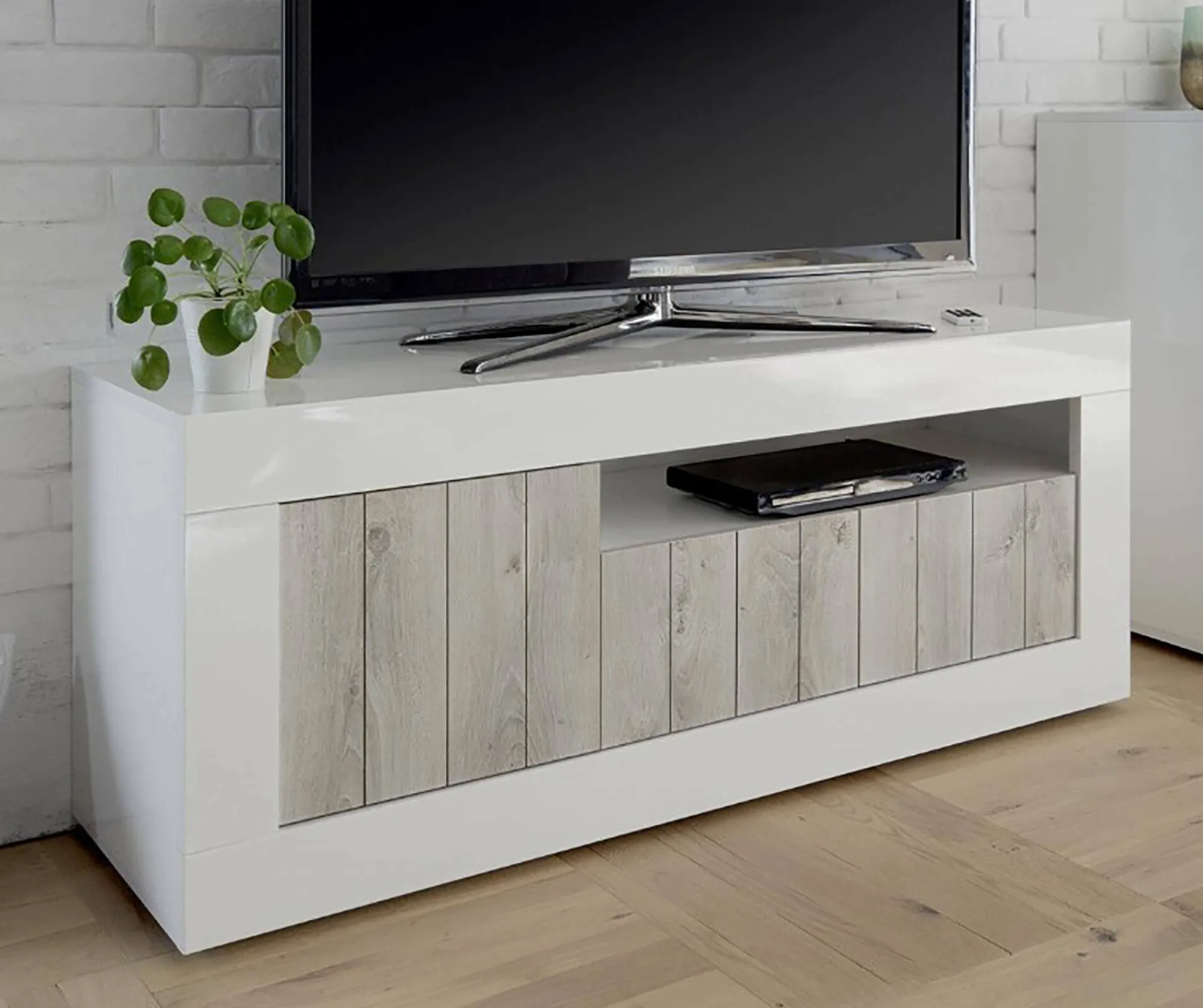 Mobile porta TV Iole, 138x42 h56 cm, Bianco lucido e Acacia<Dmora Online