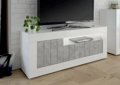Mobile porta TV Iole, 138x42 h56 cm, Bianco lucido e Cemento<Dmora Clearance