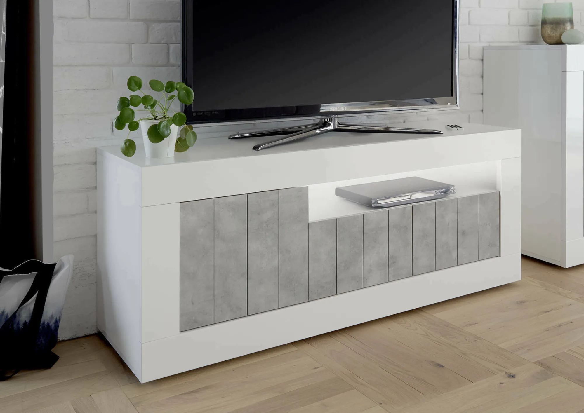 Mobile porta TV Iole, 138x42 h56 cm, Bianco lucido e Cemento<Dmora Clearance