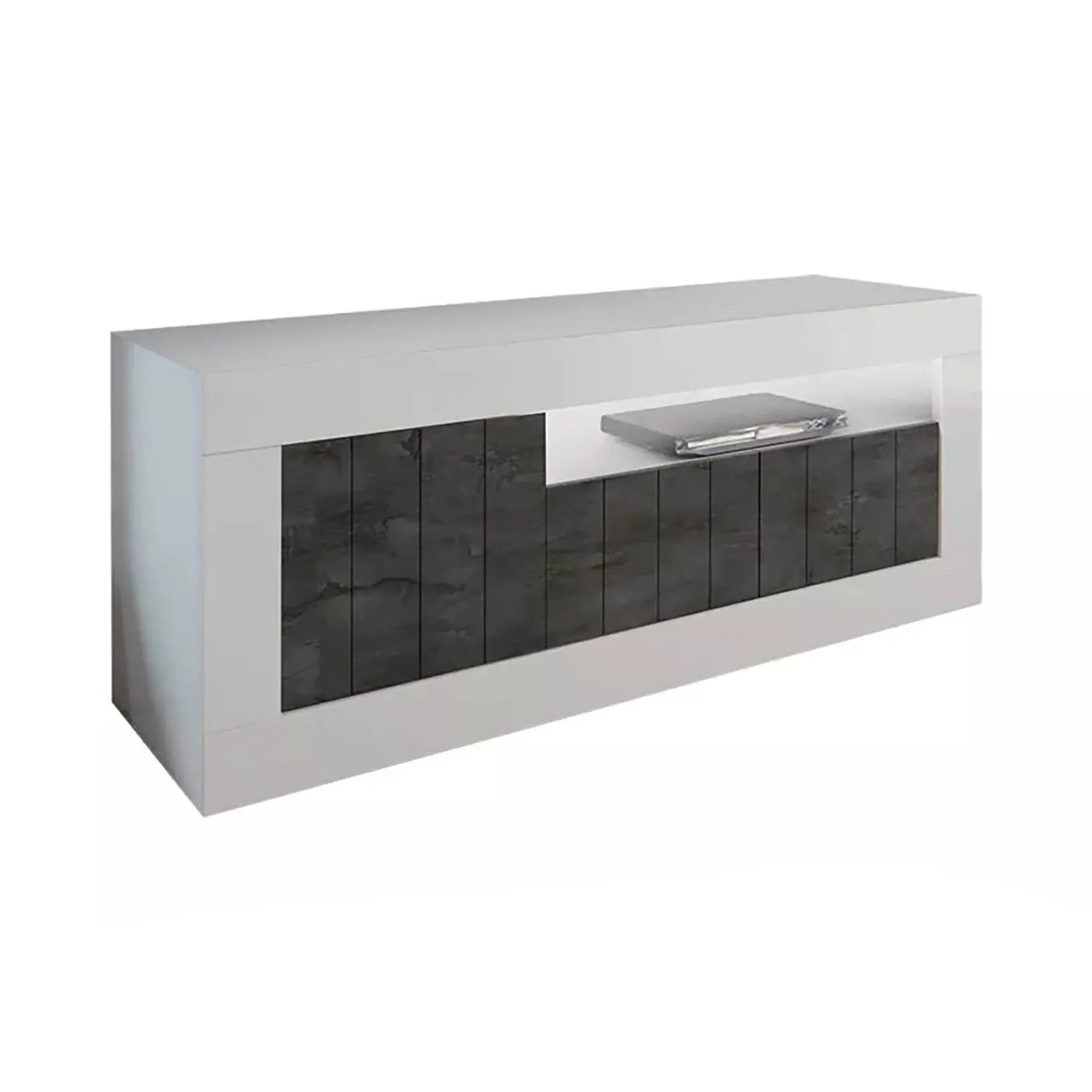 Mobile porta TV Iole, 138x42 h56 cm, Bianco lucido e Ardesia<Dmora New