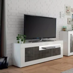 Mobile porta TV Iole, 138x42 h56 cm, Bianco lucido e Ardesia<Dmora New