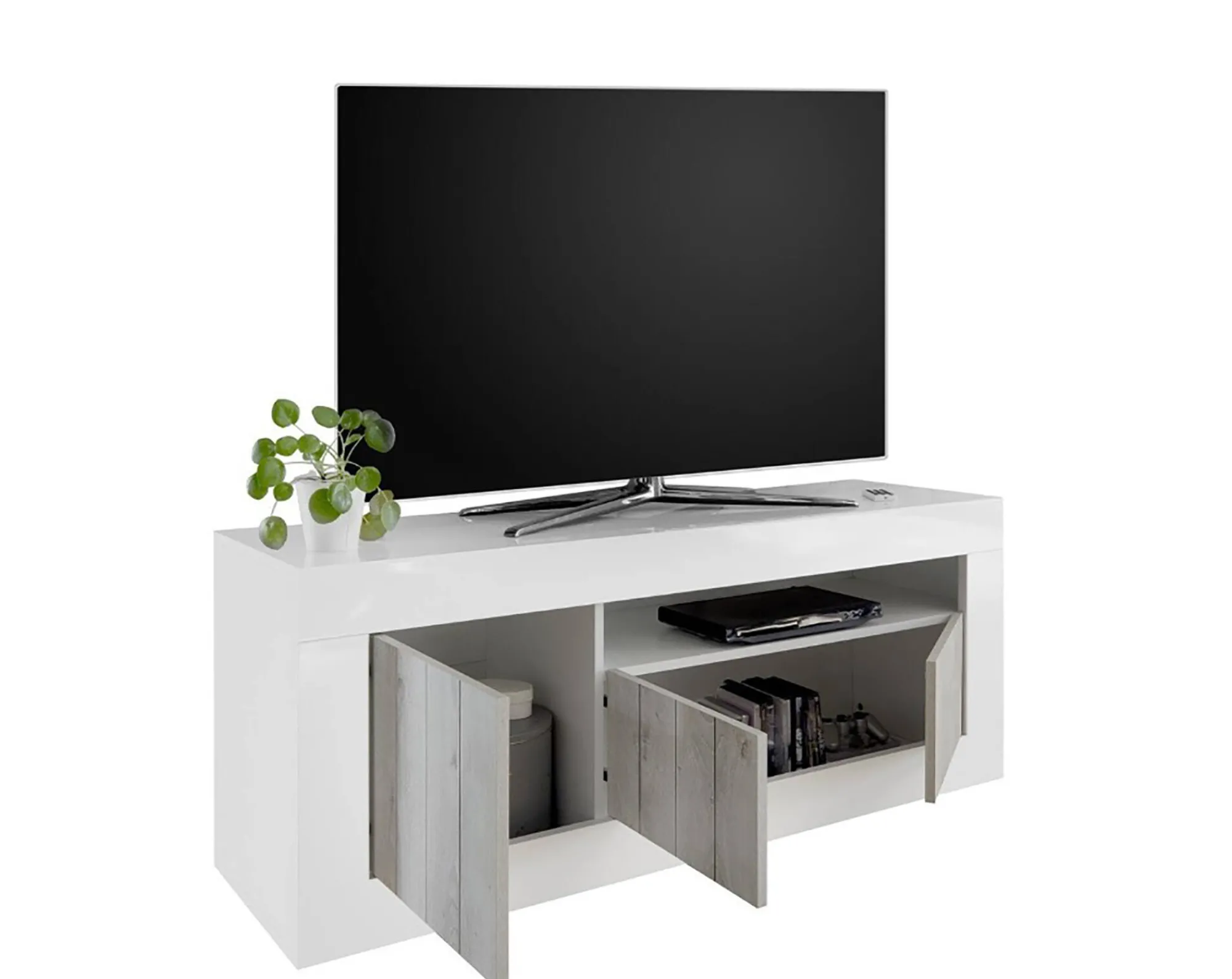 Mobile porta TV Iole, 138x42 h56 cm, Bianco lucido e Acacia<Dmora Online