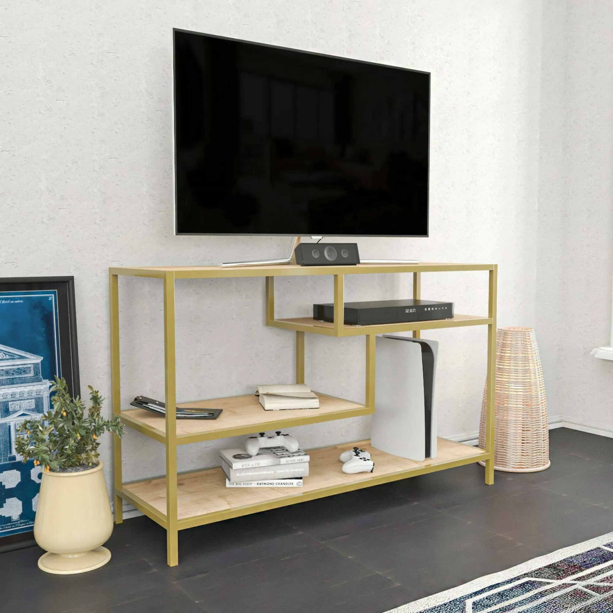 Mobile porta TV Ivette, 120x39h75 cm, Oro e Quercia<Dmora Flash Sale