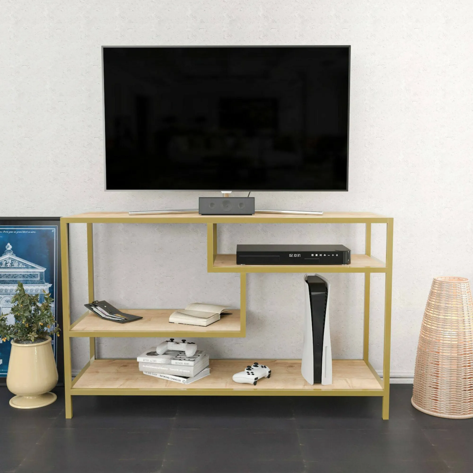 Mobile porta TV Ivette, 120x39h75 cm, Oro e Quercia<Dmora Flash Sale