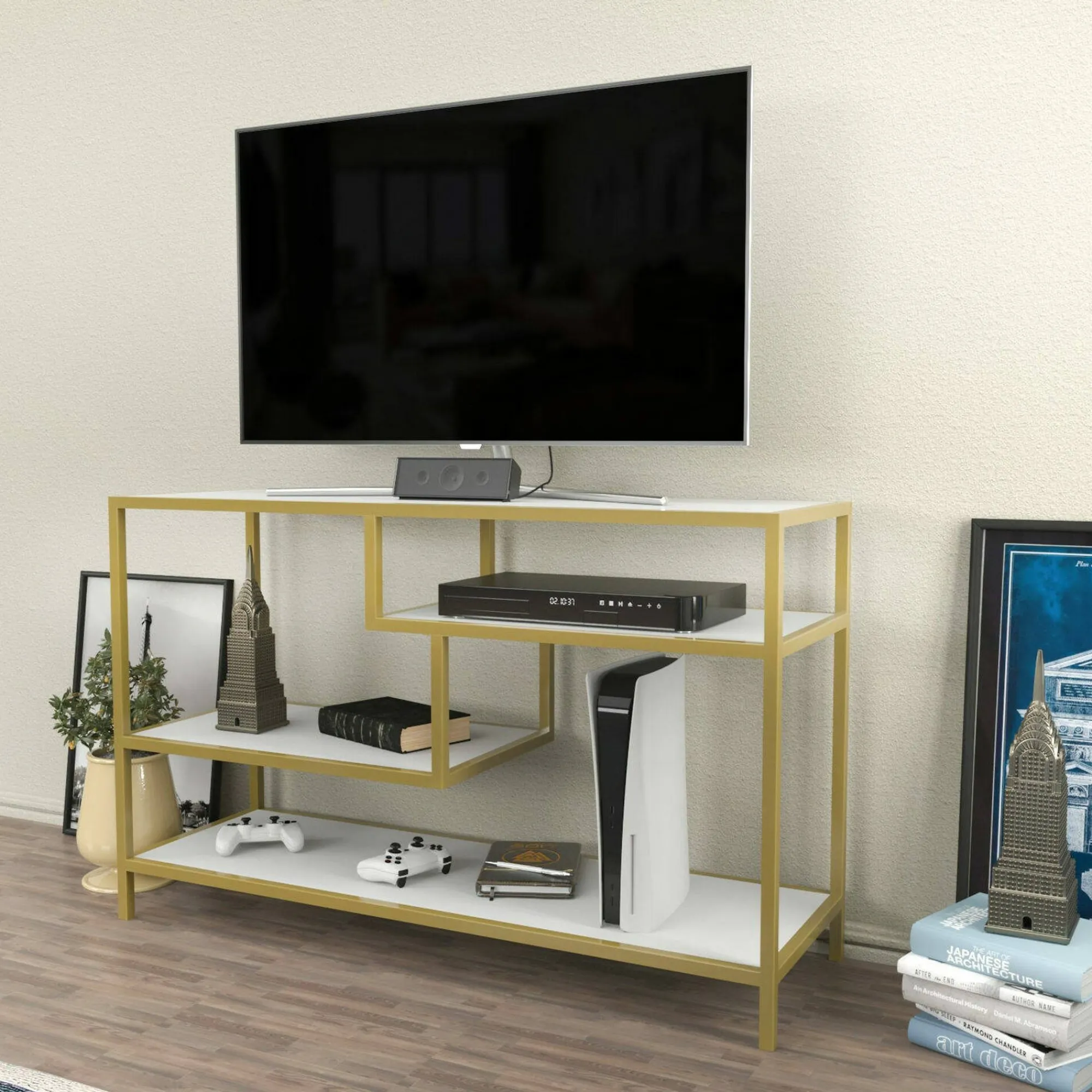 Mobile porta TV Ivette, 120x39h75 cm, Oro e Bianco<Dmora Best Sale