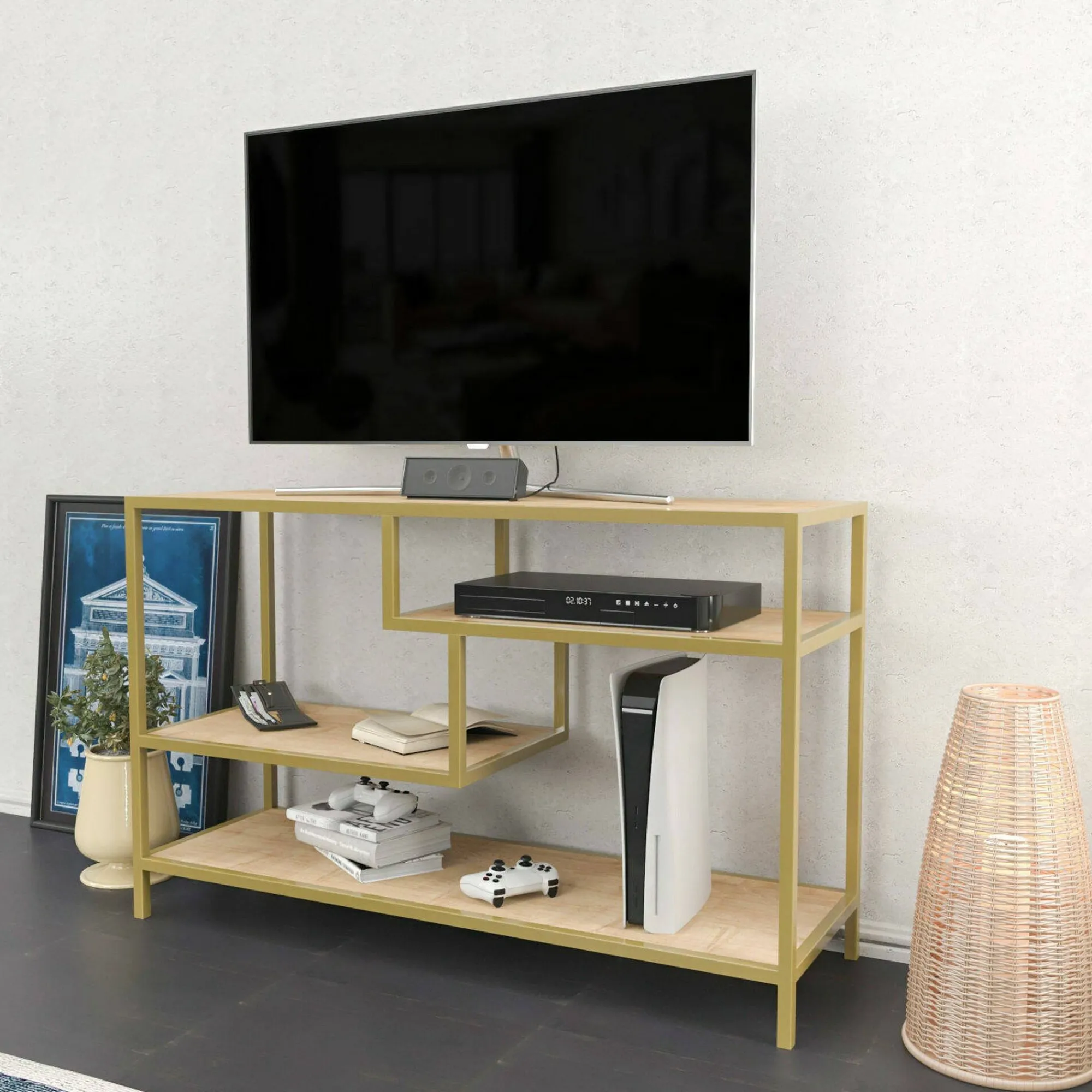 Mobile porta TV Ivette, 120x39h75 cm, Oro e Quercia<Dmora Flash Sale