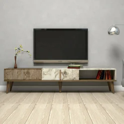 Mobile porta TV Jakuchu, 180x35h40 cm, Noce e Bianco<Dmora Outlet
