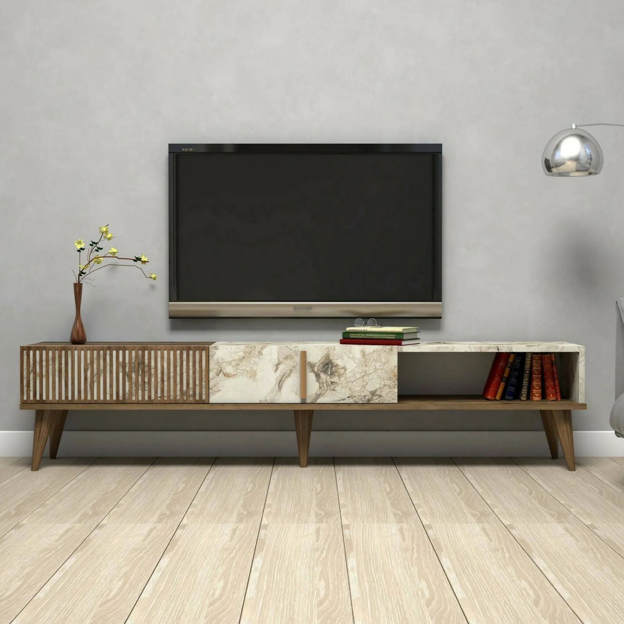 Mobile porta TV Jakuchu, 180x35h40 cm, Noce e Bianco<Dmora Outlet