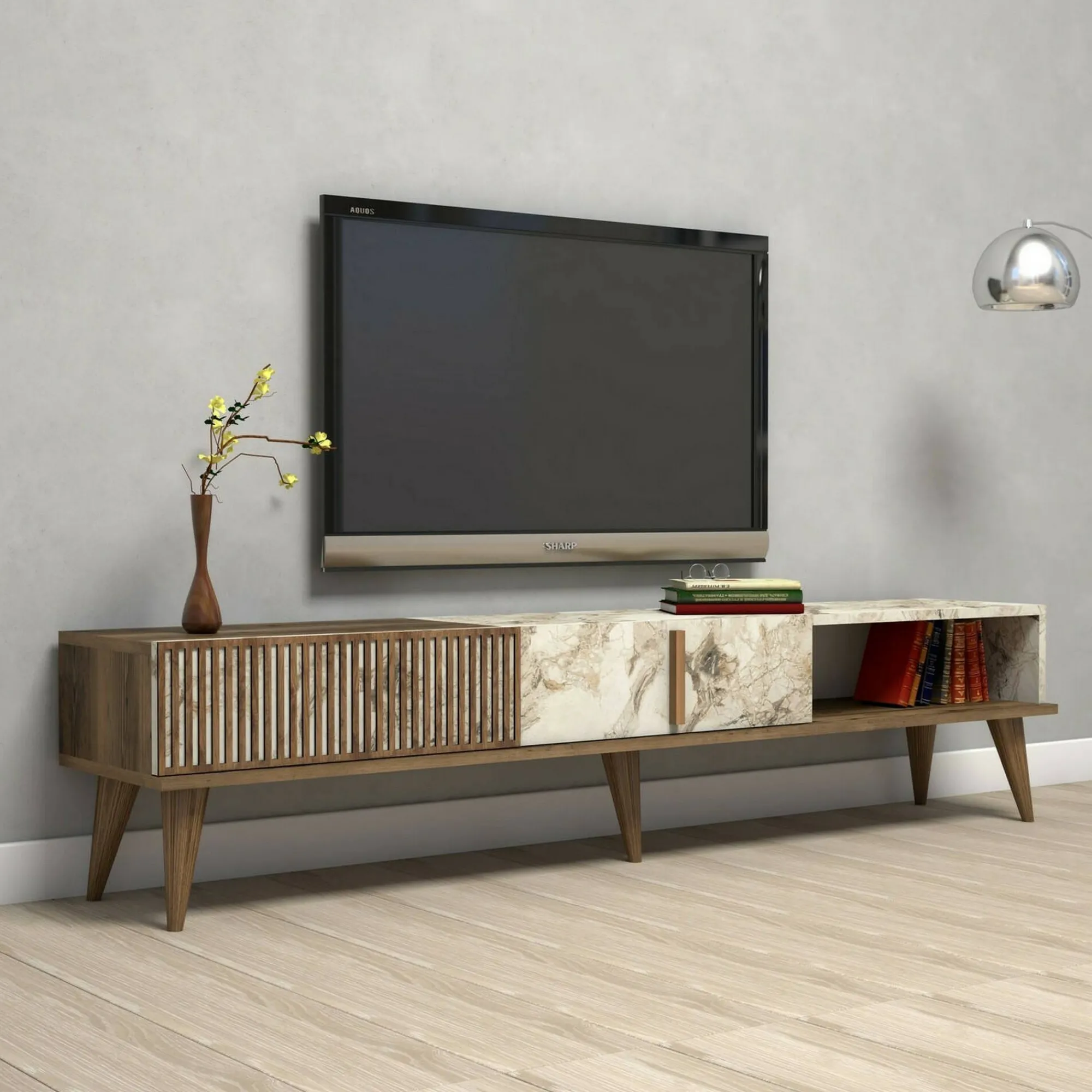 Mobile porta TV Jakuchu, 180x35h40 cm, Noce e Bianco<Dmora Outlet
