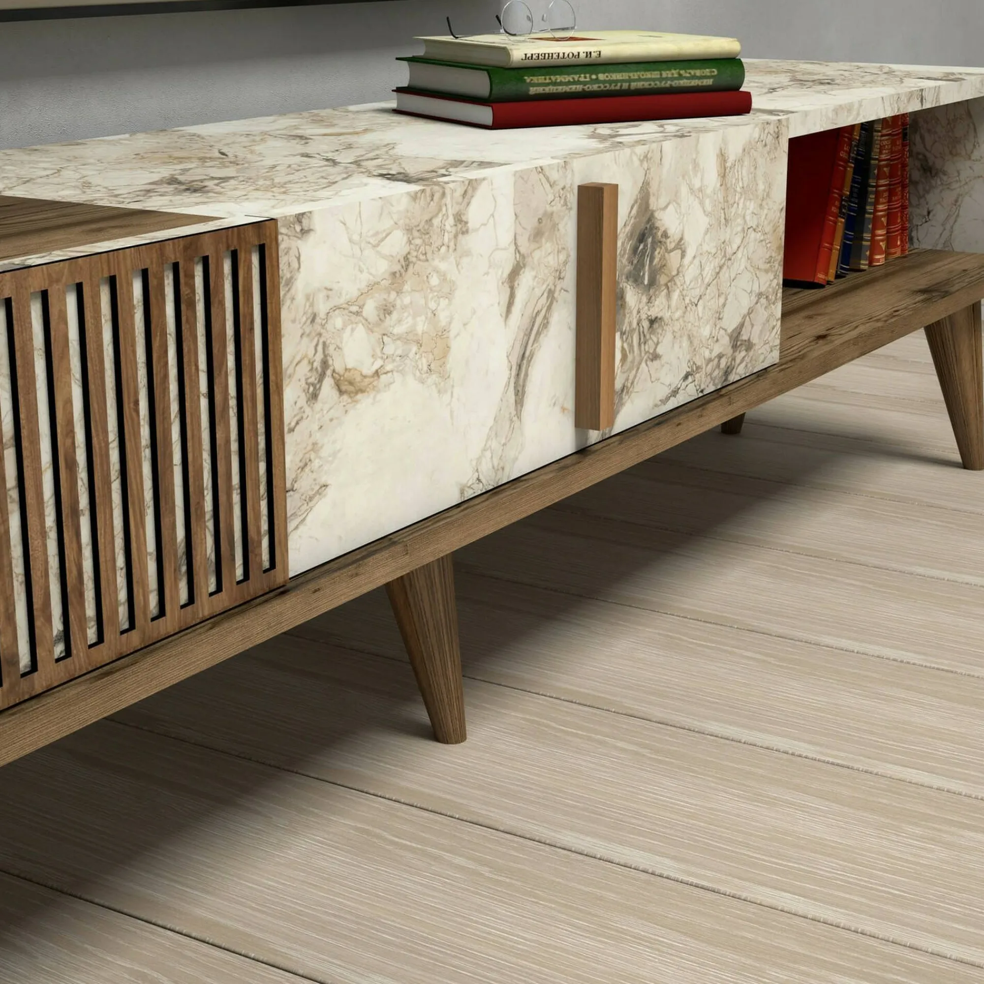Mobile porta TV Jakuchu, 180x35h40 cm, Noce e Bianco<Dmora Outlet