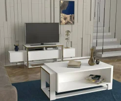 Mobile porta TV Jo, 160x46h50 cm, Bianco e Oro<Dmora Store