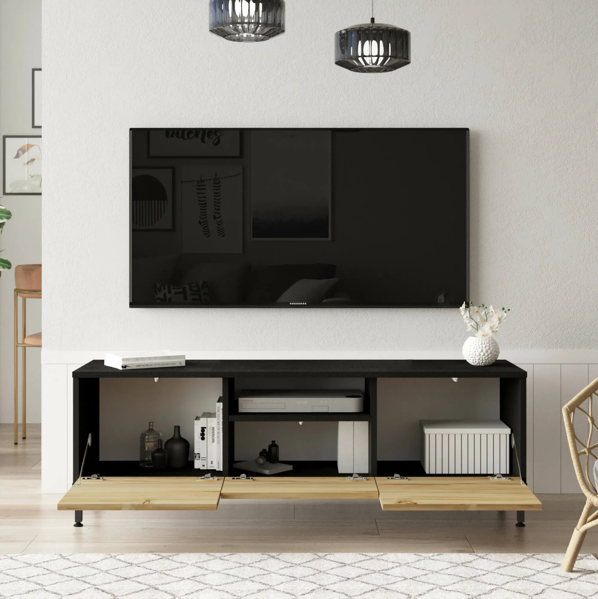 Mobile porta TV Khagan, 140x36 h46 cm, Quercia e Nero<Dmora Best